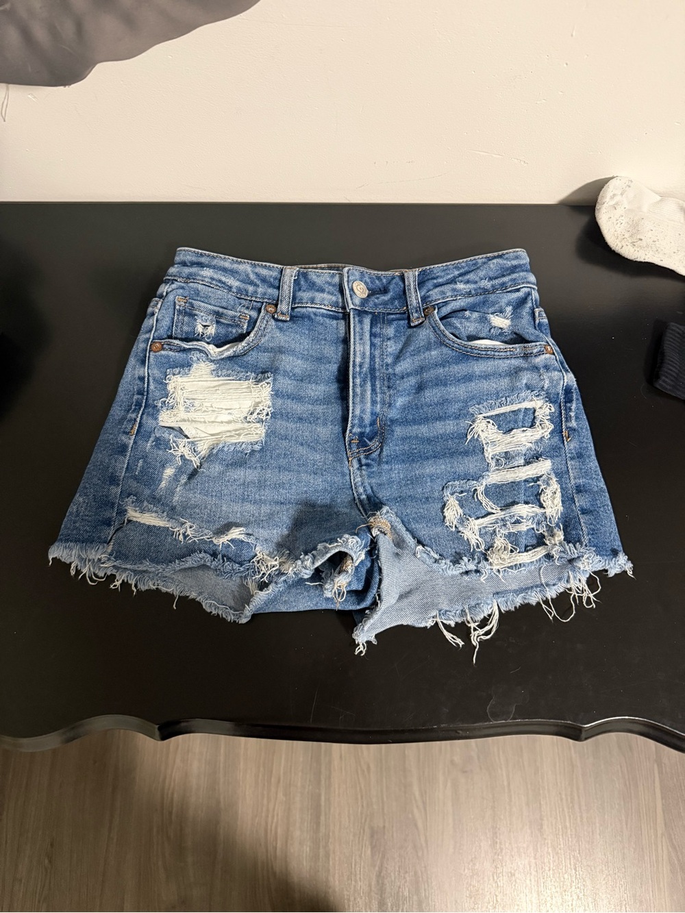 American Eagle High-Rise Distressed Denim Shorts - Blue